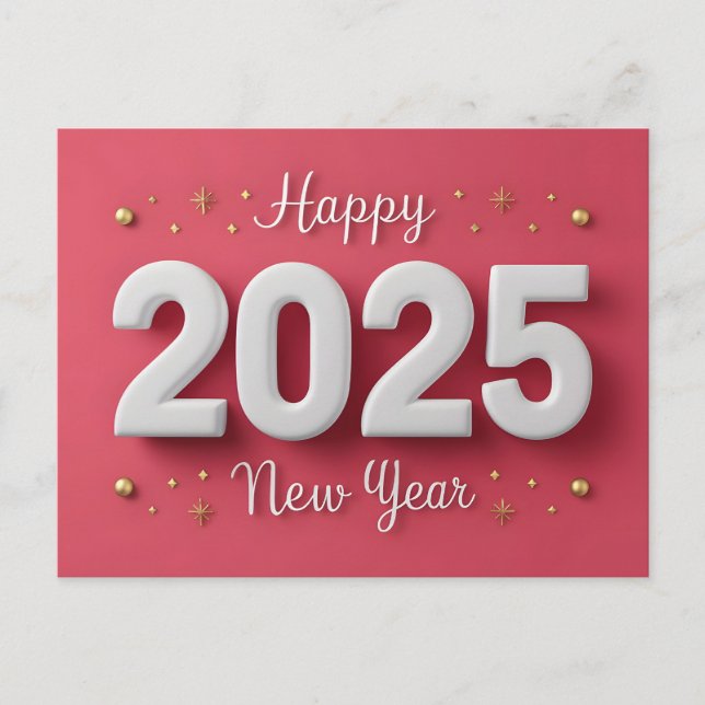 Pink Happy New Year 2025 3D Stars Holiday Postcard (Front)