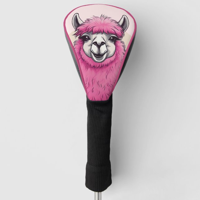Pink Happy Smiling Lama Golf Head Cover (Front)