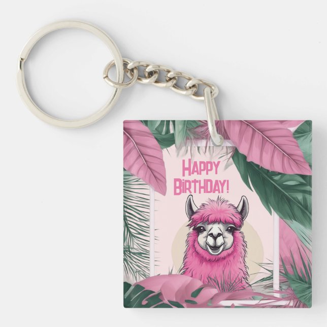 Pink Happy Smiling Lama Key Ring (Front)