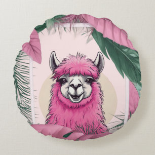 Pink Happy Smiling Lama Round Cushion