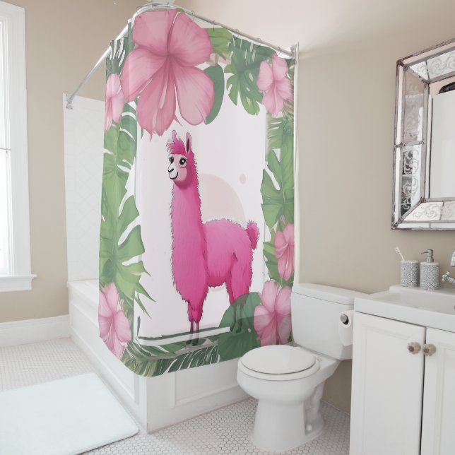Pink Happy Smiling Lama Shower Curtain (In Situ)