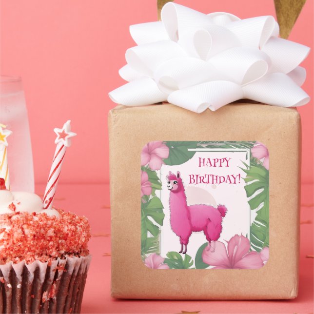 Pink Happy Smiling Lama Square Sticker (Party)