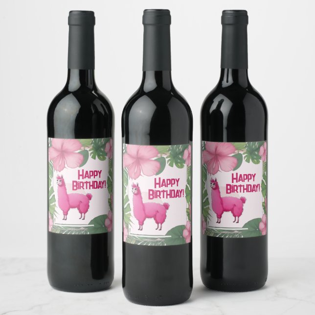 Pink Happy Smiling Lama Wine Label (Bottles)