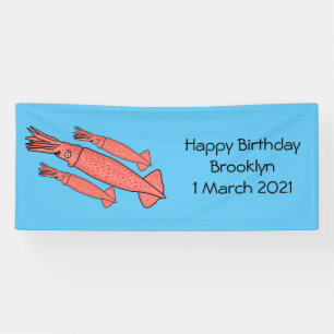 Pink happy squid cartoon illustration banner