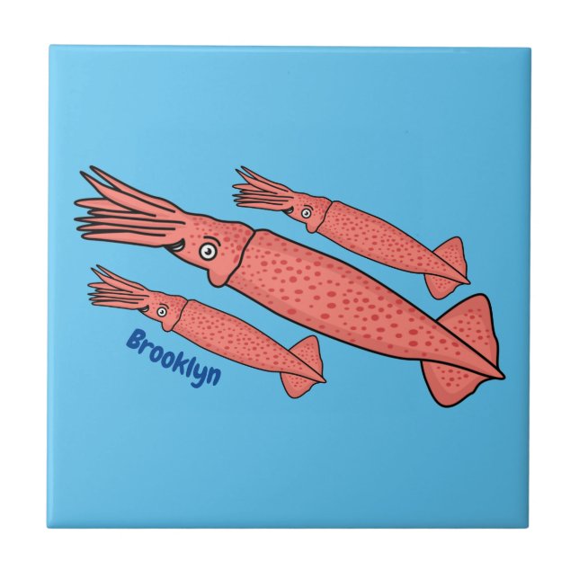 Pink happy squid cartoon illustration ceramic tile (Front)