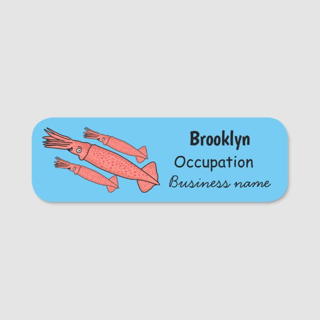 Pink happy squid cartoon illustration name tag (Front)