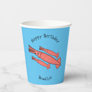 Pink happy squid cartoon illustration paper cups
