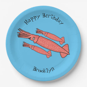 Pink happy squid cartoon illustration paper plate