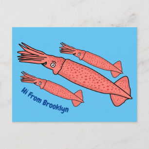 Pink happy squid cartoon illustration postcard
