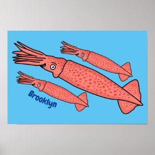 Pink happy squid cartoon illustration poster
