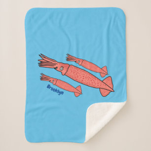 Pink happy squid cartoon illustration sherpa blanket