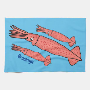 Pink happy squid cartoon illustration tea towel