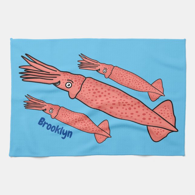 Pink happy squid cartoon illustration  tea towel (Horizontal)
