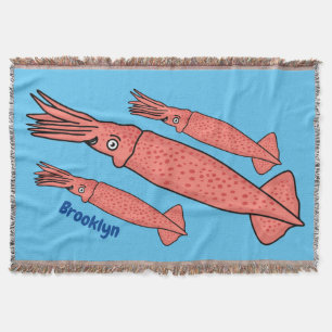 Pink happy squid cartoon illustration throw blanket