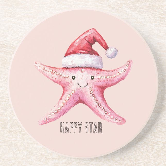 Pink Happy Starfish Santa Hat Coaster (Front)
