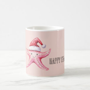 Pink Happy Starfish Santa Hat Coffee Mug