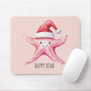 Pink Happy Starfish Santa Hat Mouse Pad