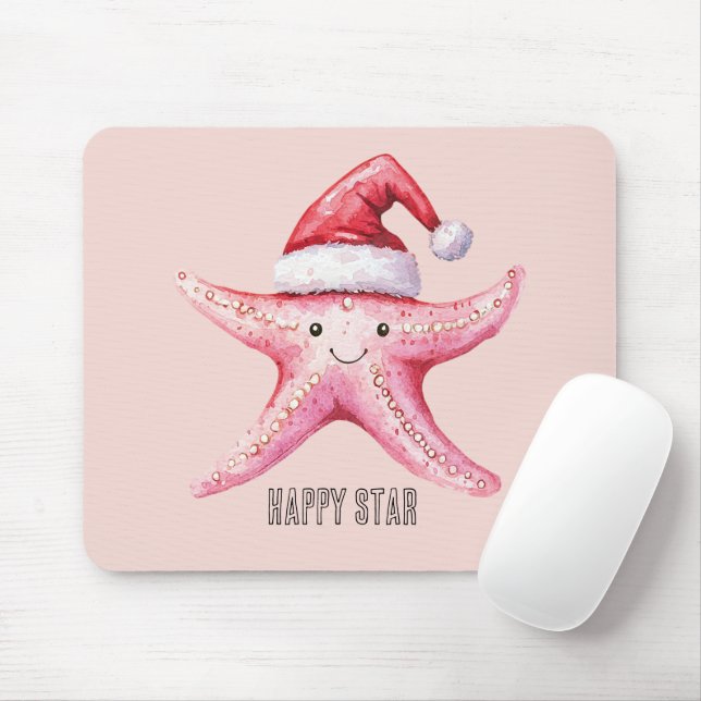 Pink Happy Starfish Santa Hat Mouse Pad (With Mouse)