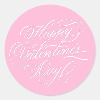 Pink Happy Valentines Day Elegant Calligraphy  Classic Round Sticker