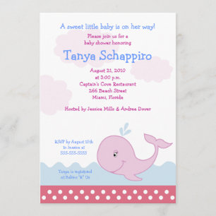Pink Happy Whale Baby Shower 5x7 Invitations