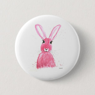 Pink hare watercolor painting 6 cm round badge