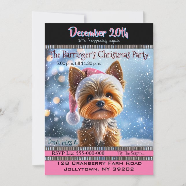 PINK hat YORKIE Christmas Party Invitation (Front)