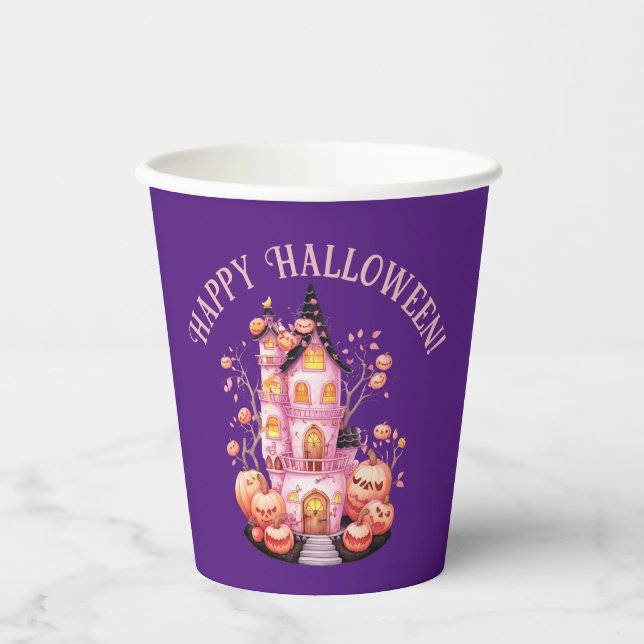 Pink Haunted Halloween Castle Party Paper Cup (Front)