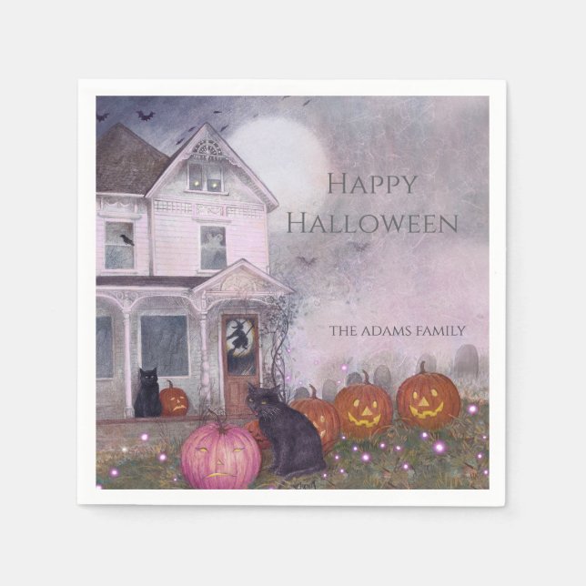 Pink Haunted House Black Cat Custom Halloween Napkin (Front)
