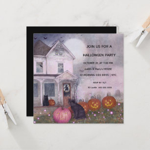 Pink Haunted House Black Cat Halloween Party  Invitation
