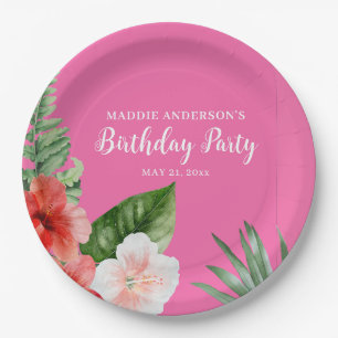 Pink Hawaiian Floral Birthday Paper Plate