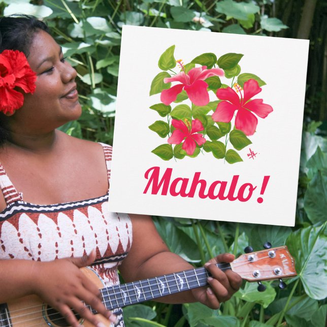 Pink Hawaiian Hibiscus Mahalo Thank you Flat Card (Creator Uploaded)