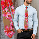 Pink Hawaiian Plumeria Tropical Flowers Sand Tie<br><div class="desc">Bold floral print tie with pink plumeria flowers over a sand brown background.  Realistic tropical flowers in dark and light pink are the perfect accessory when dressing to attend a summer party or event,  or Hawaiian beach wedding.</div>