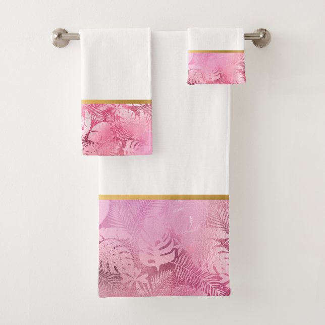 PINK HAWAIIAN TROPICAL GOLD BATHROOM TOWEL SET (Insitu)