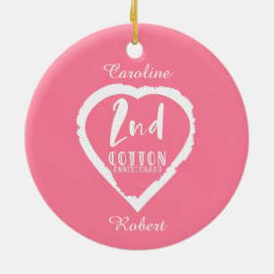 Pink Heart 2nd Cotton Wedding Anniversary Ceramic Ornament