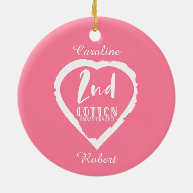 Pink Heart 2nd Cotton Wedding Anniversary Ceramic Ornament (Back)