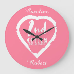 Pink Heart 2nd Cotton Wedding Anniversary Large Clock