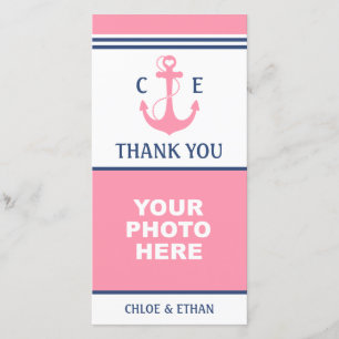 Pink Heart Anchor Nautical Photo Thank You Card