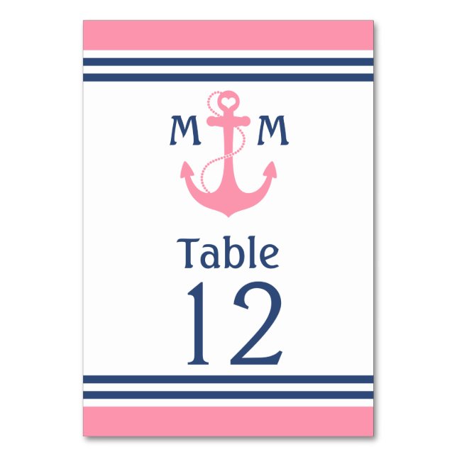 Pink Heart Anchor Nautical Table Number (Front)