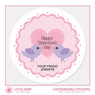 Pink Heart and Birds Valentine’s Day Classic Round Sticker