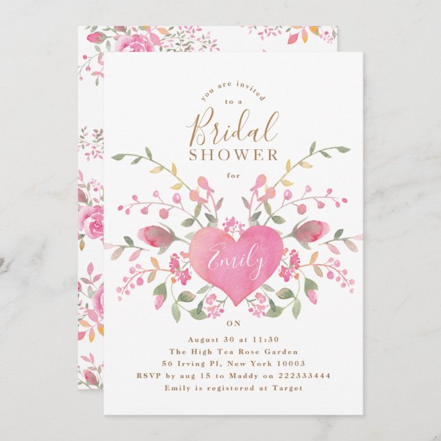 Pink Heart and Flowers Bridal Shower Invitation (Front/Back)