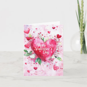 Pink Heart and Flowers Valentine's Greeting Card
