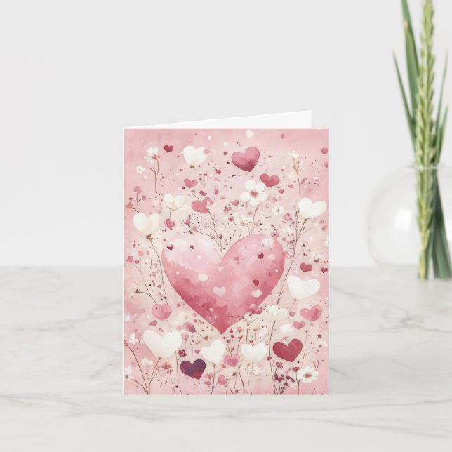 Pink Heart and Flowers Valentine's Greeting Card (Front)