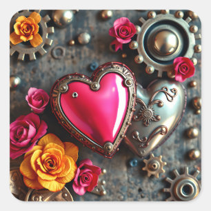 Pink Heart and Metal Gears Steampunk Square Sticker