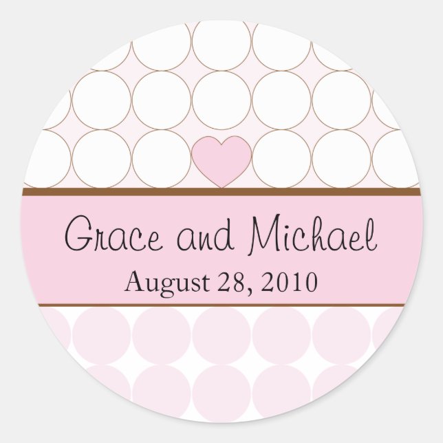 Pink Heart and Polka Dots Wedding Classic Round Sticker (Front)