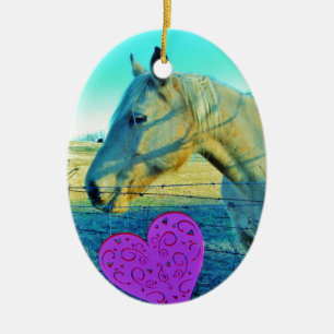 Pink Heart and Yellow Horse Ceramic Ornament