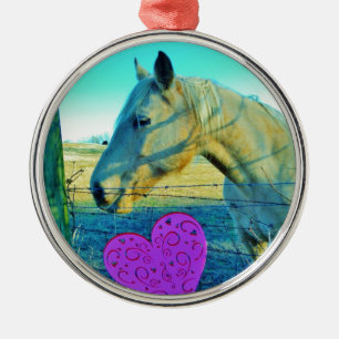 Pink Heart and Yellow Horse Metal Ornament