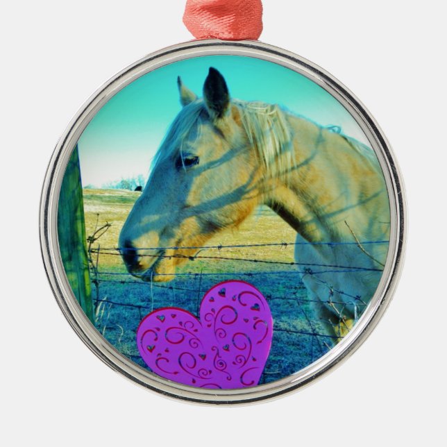 Pink Heart and Yellow Horse Metal Ornament (Front)