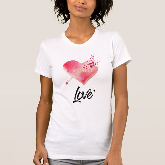 *~* Pink Heart & Arrow Women White Watercolor T-Shirt (Front)