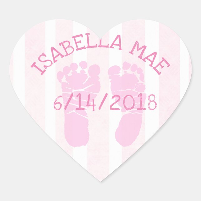 Pink Heart Baby Announcement Footprints Heart Sticker (Front)