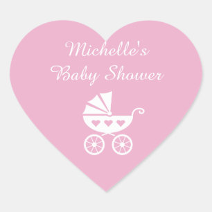 Pink heart baby shower stickers with carriage pram